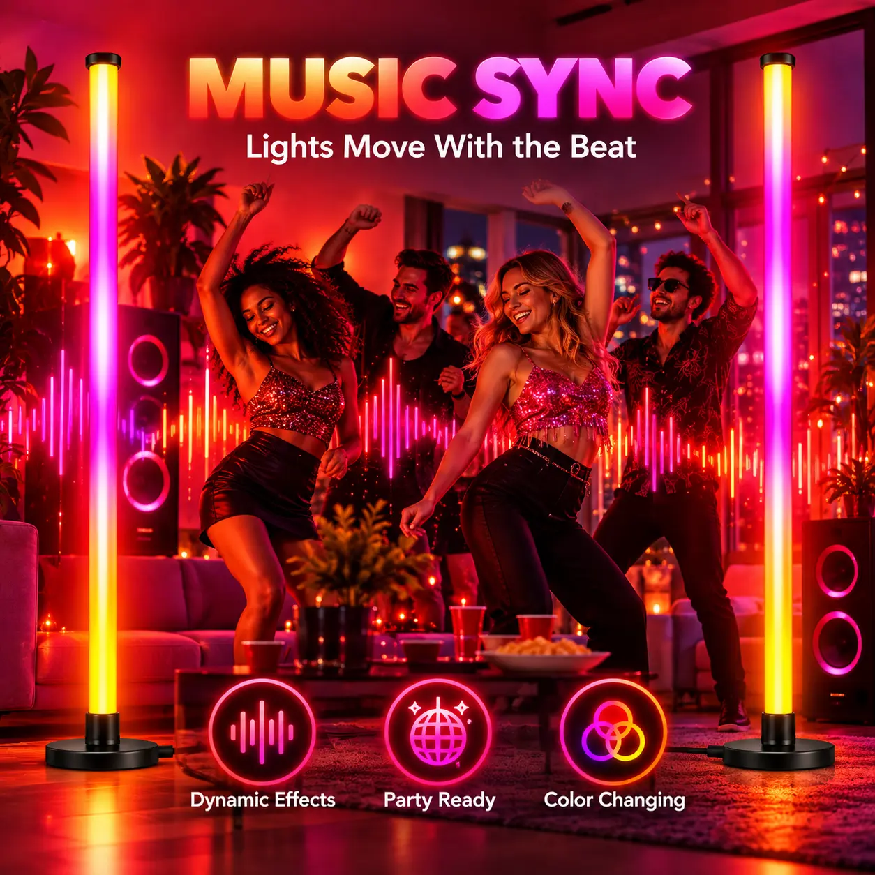 2PCS Smart RGBIC Floor Lamps, 48 Inch Color Changing LED Corner Lights with Music Sync, One Cable Controls Two Lamps, APP & Remote Control, USB Powered Ambient Lighting for Gaming Room, Bedroom & Living Room