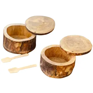 2 pcs Oak Rustic Farmhouse Style Salt Pepper Spice Cellar with Lid and Spoon, Wooden Salt Box Divided with Magnetic Swivel - 2-Compartment Wooden Spice Cellar Wood Storage Keeper for Condiments, Seasoning, Pepper - 2 Attached Spoon in Box Kitchen Utensils