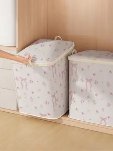 Large Capacity Storage Box with Bow Pattern, Foldable Fabric Bag for Blankets & Clothes, Durable Home Organizer Gift