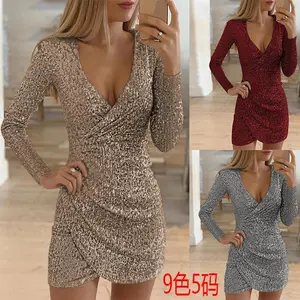 2025 cross-border European and American autumn new sexy V-neck slim fit irregular sequin dress formal women's long sleeved minimalist pink basic 9 colors 5 sizes to choose from