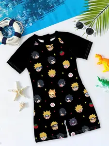Boys' swimsuit "Naruto Q version full print edition" with black background and Q version Naruto Sasuke full anime print, unique and eye-catching, creating a perfect summer swimming pool atmosphere.