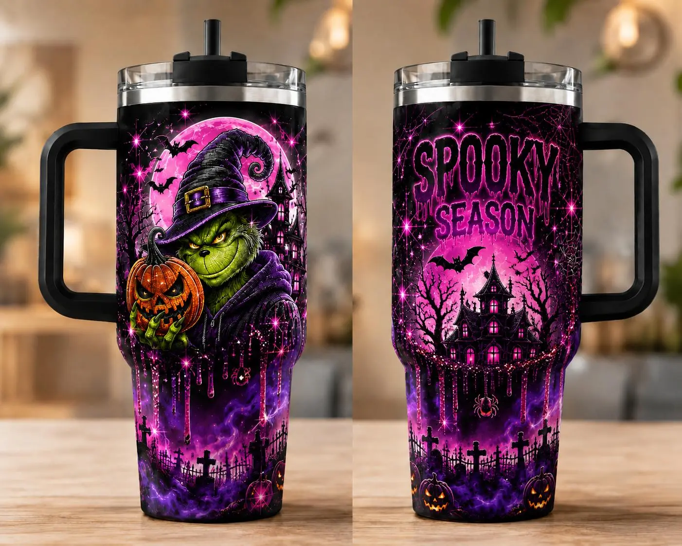 Halloween Grinchh Witch 40oz Tumbler with Handle, Pink Moon Travel Mug, Spooky Season Cup, Horror Halloween Gift for Fan