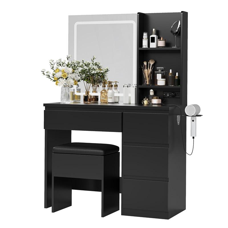 GAOMON LED Accented Makeup Vanity Desk with 23.6" Wide Mirror, 3-Color Lights, 2AC+USB+Type-C Outlets, 4 Drawers, Hair Dryer Holder, Storage Stool, Minimalist Bedroom Furniture, Girls' Study Desk, Mother's Day Gift