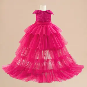 6M-3Y Rose Red 053 Anniversary Baby Girls Clothes Trailing Skirt Mesh Ball Gown Infant Birthday Cocktail Dress Toddler Pageant Newborn Ball Gown Princess Baptism Frock