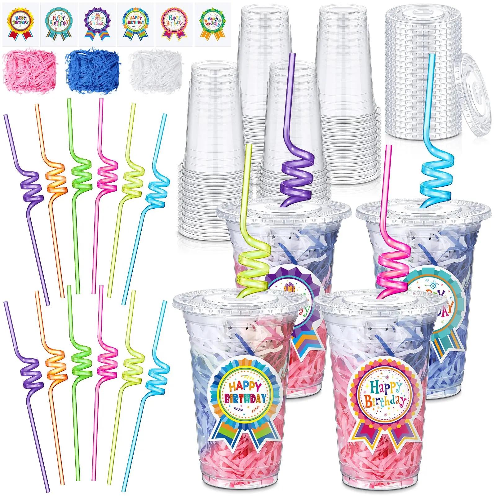 24 Set Classroom Birthday Cup Gifts for Students Creative DIY Happy Birthday Gift from Teacher Plastic Cups with Lid Straw/Pencil Sticker Raffia for Kindergarten Primary School Boys Girls for Back to School Prep B-day Party Surprise Reward Classroom Setup