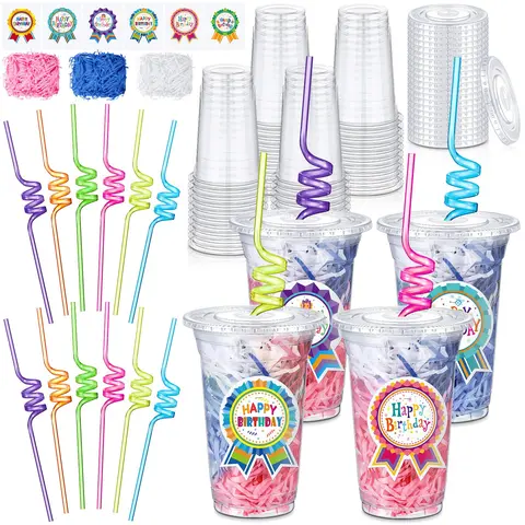 24 Set Classroom Birthday Cup Gifts for Students from Teacher Class Happy Birthday Gifts Plastic Cups with Lid Colorful Straws/Pencils Sticker Raffia for Boys Girls for B-day Party Favors Clasroom Decor Wrapping Ideas