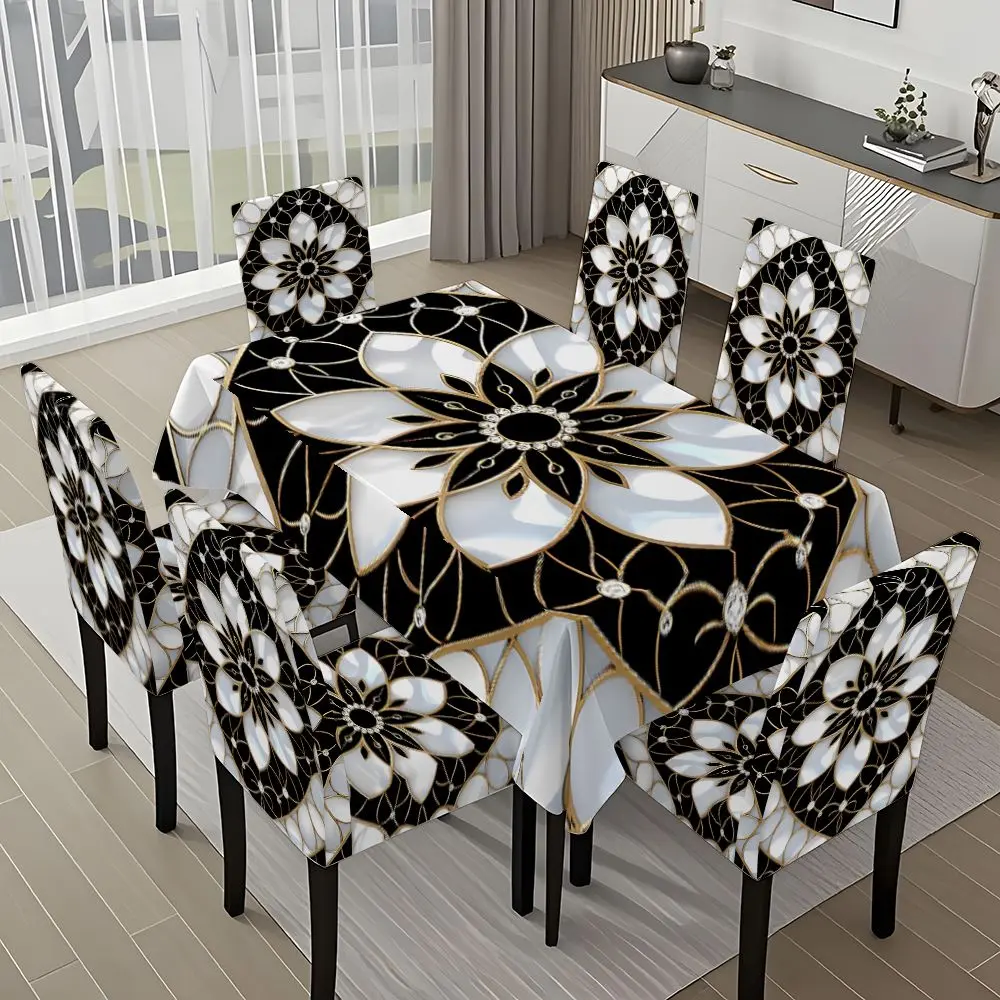 5/7-piece 2D Flat Printing Black and White Golden Floral Geometric Pattern Printing Pattern Tablecloth and Chair Cover Set, Tablecloth Chair Covers, for dining table and chair decoration, perfect for home, holiday gatherings, restaurants, and parties.