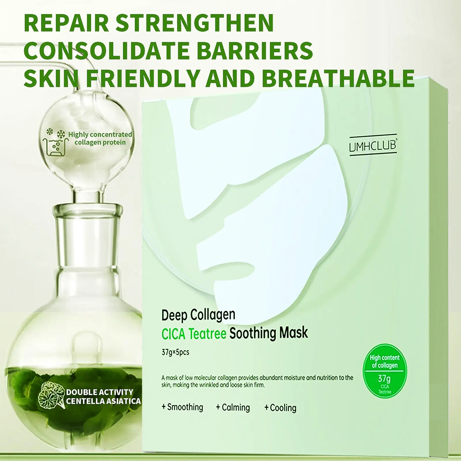 Umhclub Deep Collagen Mask, Centella Tea Tree Soothing Face Mask, Hydrating, Moisturizing & Nourishing Skin Care, Ideal for All Skin Types, Sensitive