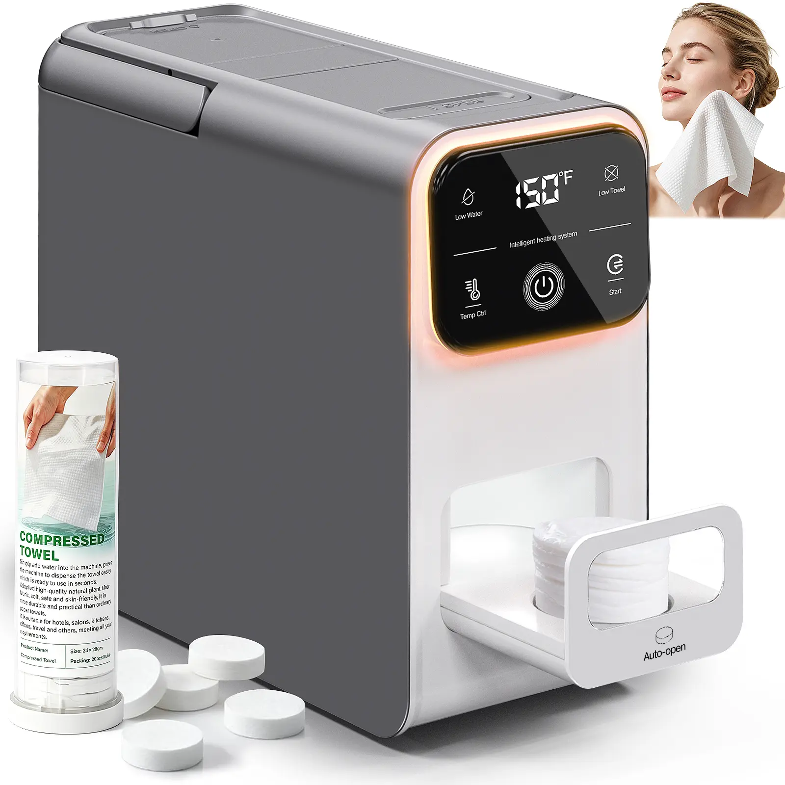 Zeatium Hot Towel Dispenser, Portable Towel Warmer, Minimalist Light Bathroom Gadget, 5 Second Fast Heating 150 ° F Constant Temp Smart Voice Alert Spa Household Use Include 20 Compressed Towel