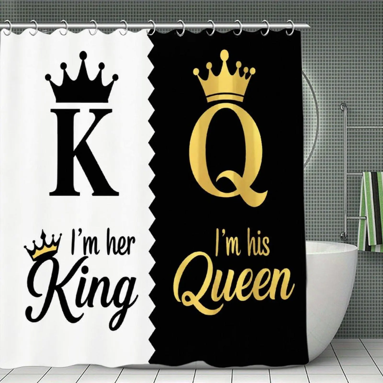 King & Queen Couple Shower Curtain - Black and Gold Crown Bathroom Decor, Romantic His and Hers Waterproof Polyester Bathtub Curtain with Plastic-Stainless Steel Resistant Features