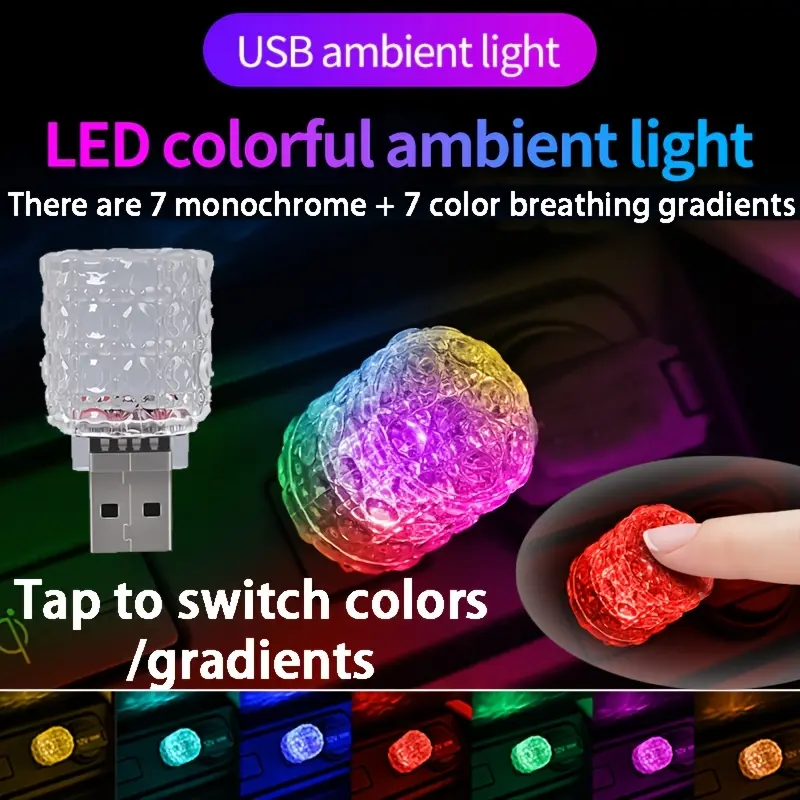 3pcs USB- Car LED Ambient with Tap & 14 Color Modes (7 Monochrome + 7 Gradient) - Mini USB Light Suitable for Vehicle Interior Decoration, for RV, for Party, for Camping, for Car, Plug & Play Lamp