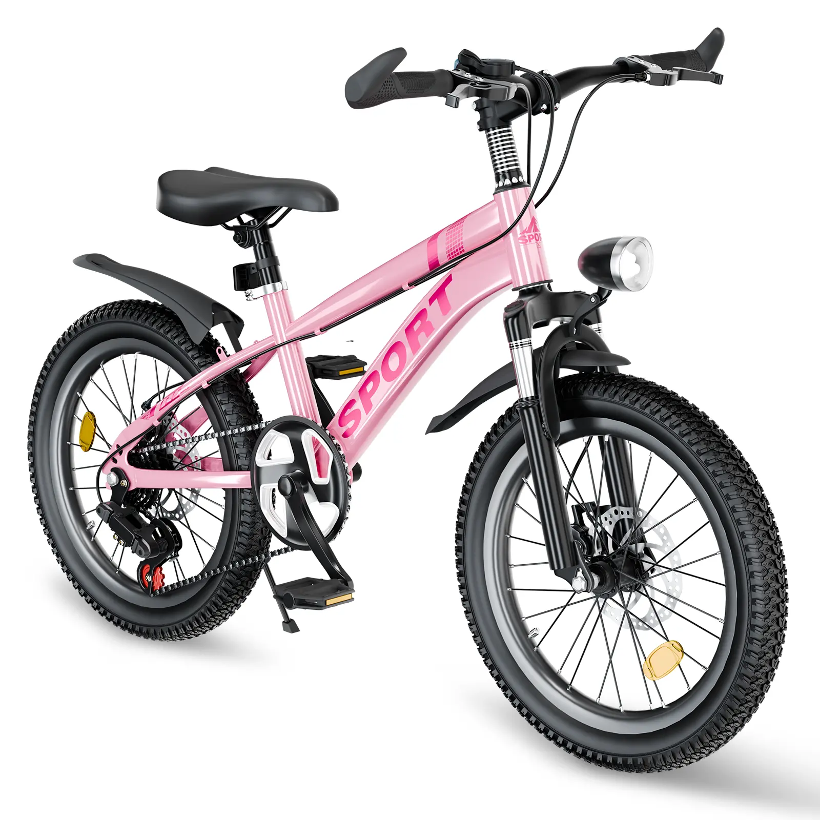 FKZNPJ 20-Inch Kids Mountain Bike for Ages 7-12, 7-Speed Gears, Dual Disc Brakes, Shock-Absorber Front Fork, LED Light, Silver & Pink