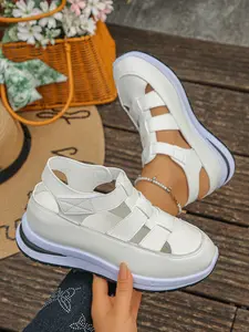 Two Color Options, Hollow Out Roman Sports Sandals, Casual Versatile Style, Velcro Back Strap, Air Cushion Thick Sole, Anti-Slip Durable, Daily Commute, Campus Travel, Mature Women