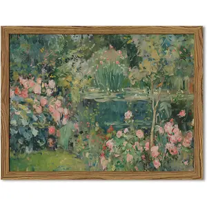 Framed Vintage Floral Landscape Canvas Wall Art, Rose Pond Wall Decor Paintings, Rustic Cottagecore Nature Plant Pictures Prints Aesthetic Home Decor for Living Room Bedroom Bathroom 8x10 inch