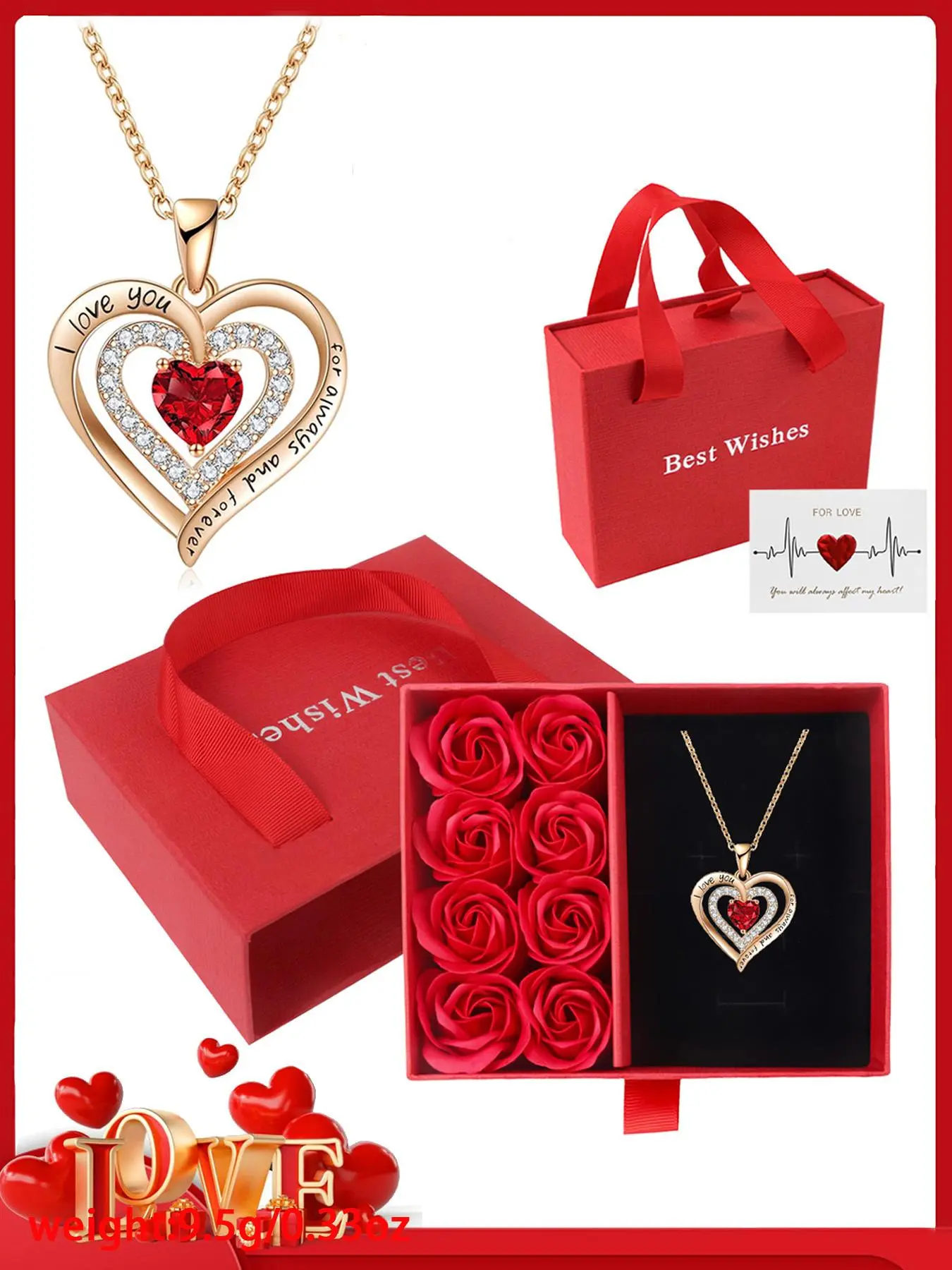 Heart-shaped necklace paired with a romantic rose gift box and handbag, Fashionable jewelry accessories, full of love, red box with roses, plus a necklace engraved with "I love you", perfect for Christmas, Valentine's Day, and anniversary gifts