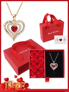Heart-shaped necklace paired with a romantic rose gift box and handbag, Fashionable jewelry accessories, full of love, red box with roses, plus a necklace engraved with "I love you", perfect for Christmas, Valentine's Day, and anniversary gifts