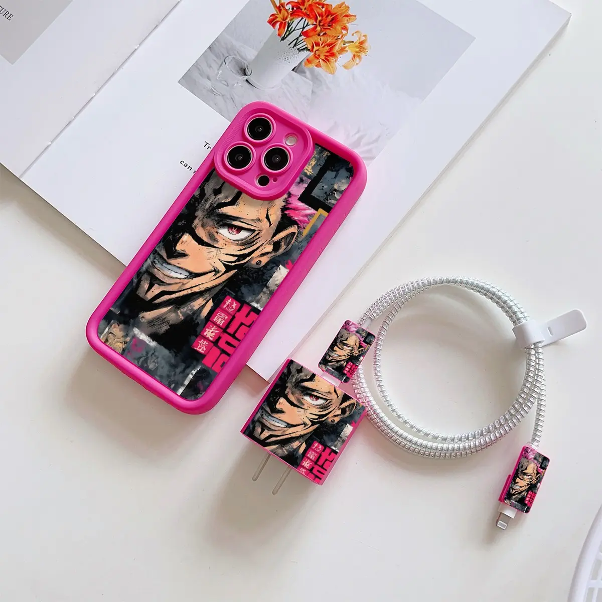 6-Piece Set Anime Cartoon Phone Case Pattern, Charger Head Cover, Cable Protector, Storage Rope, Data Line Protection, Fits iPhone Models