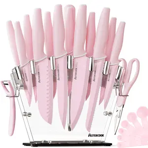 [Pink Iron Throne] Astercook 17-piece kitchen knife set high carbon stainless steel sharp serrated steak knife, chef knife, bread knife and scissors knife pink cutlery cutting Kitchenware Pastel ValentinesDay