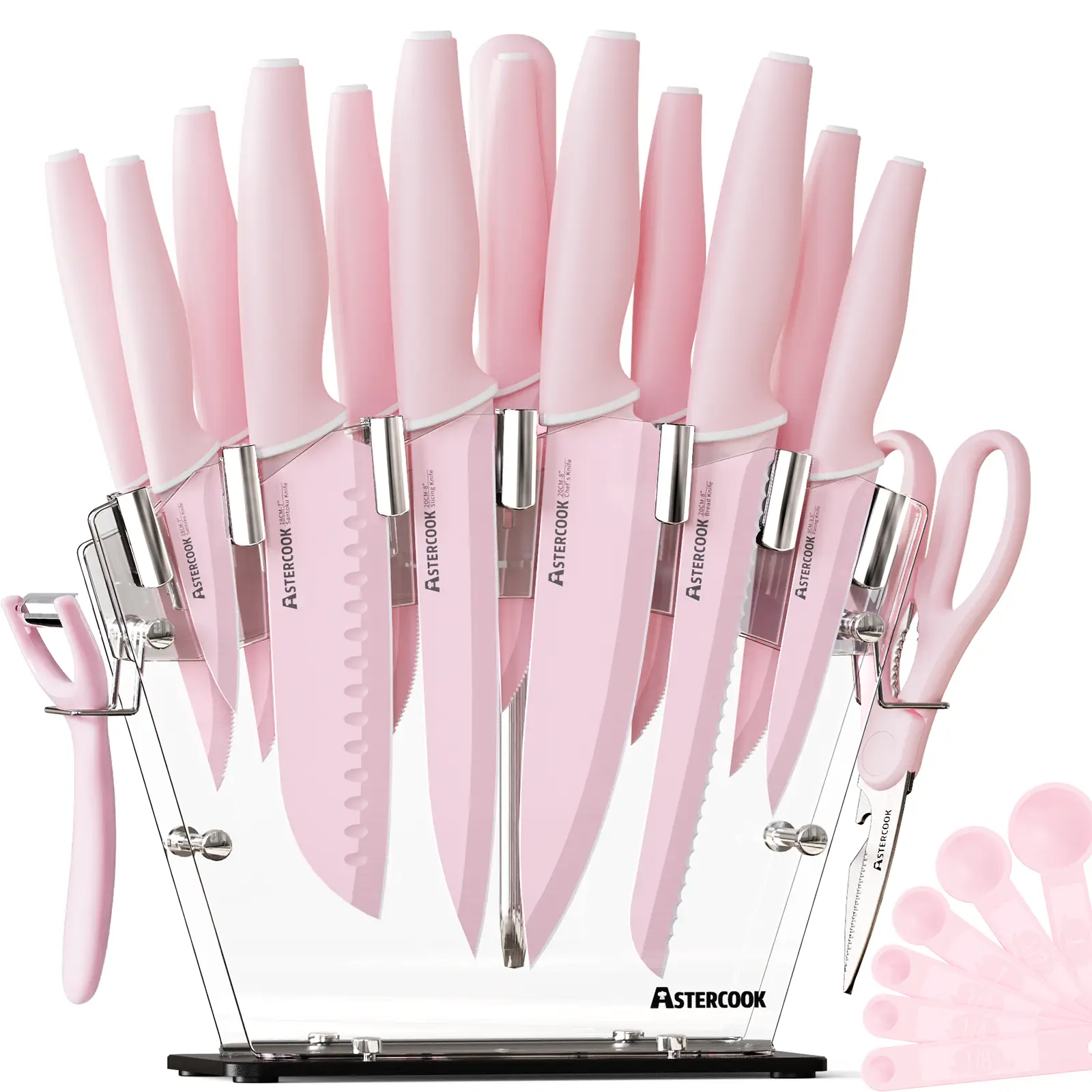 [Pink Iron Throne] Astercook 17-piece kitchen knife set high carbon stainless steel sharp serrated steak knife, chef knife, bread knife and scissors k