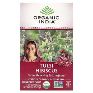 Organic India Tulsi Hibiscus Tea, Caffeine-Free, 18 Infusion Bags, 1.27 oz (36 g)