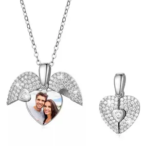 (Gift Boxed) Heart-Shaped Rhinestone Pendant Necklace - Angel wings hollow double-layer design, you can DIY by adding photos of your loved ones, family, children, or pets, the perfect surprise gift for everyday outfits
