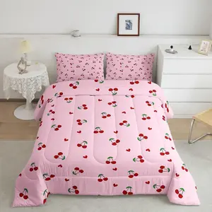 Kids Cherry Comforter ,Cherry Pattern Bedding Set Boys Girls Cute Fruit Comforter Set for Kawaii Cartoon Fruit Teens Duvet Set Bedroom Decor Microfiber Bed Set