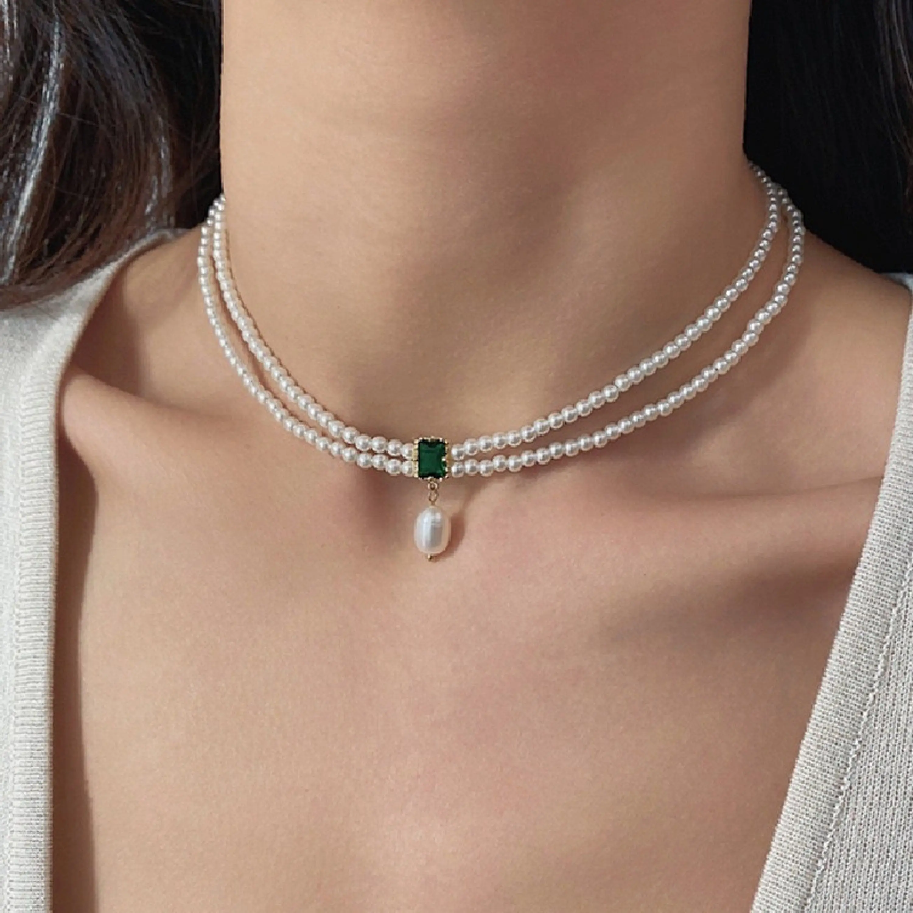 Emerald Green Pearl Double Layer Necklace | Handmade Vintage Style Emerald Charm Choker