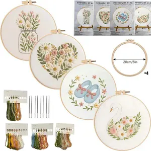 Floral Embroidery Kit Beginner Series DIY Stitching with English Guide Home Decor Creative Art Project 20cm Hoops 4 Pieces Threads Needles
