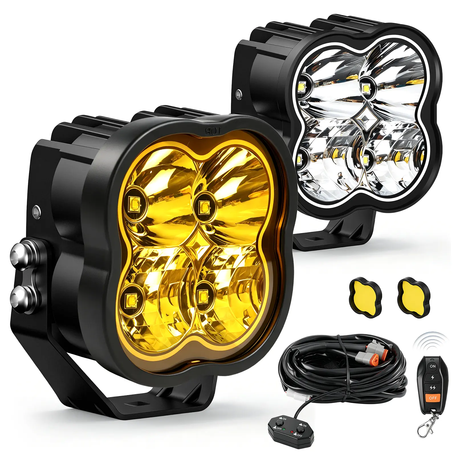 YBYZ Neutron-Core Series 4" 200W High Power LED Pods (Pair) - Beam Headlight, Ultrabright 15000LM RGB Backlight, Wireless Remote, Spotbeam Strobe Work Lights with Covers for Heavy Duty Trucks