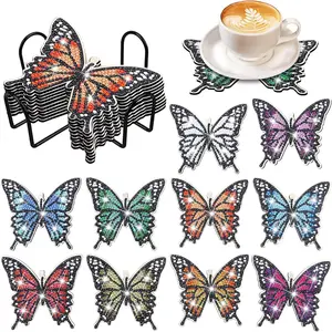 10 irregularly shaped butterfly-patterned artificial diamond painted coasters DIY crystal glittering diamond painted wooden table art coasters with stand, Diamond Painting Coasters, suitable for adult office coffee MATS, family coasters, gifts, size
