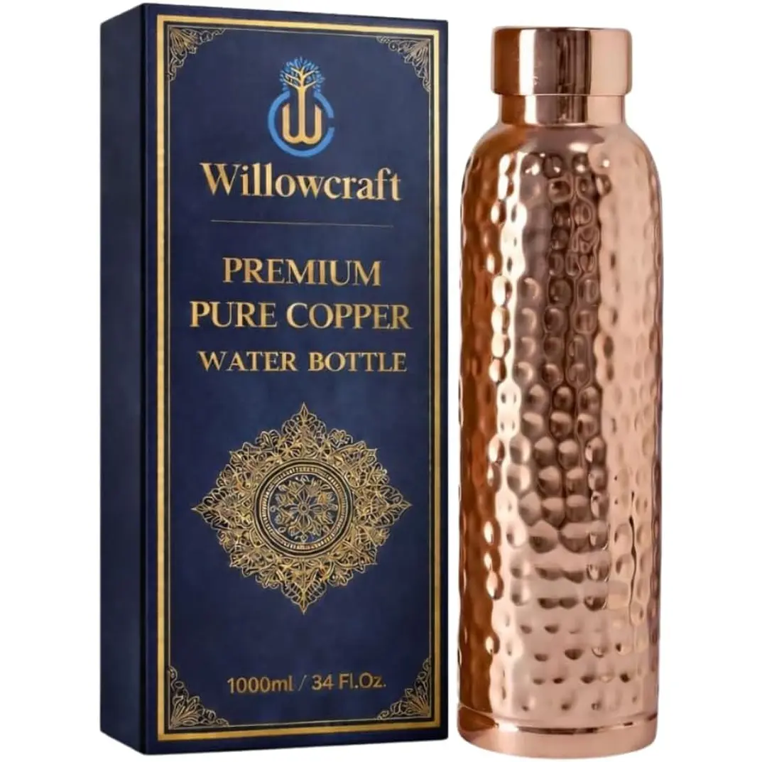 100% Pure Copper Water Bottle for Drinking Water – 34 Oz (1000Ml) Hammered Finish Leak-Proof Lid | Ayurvedic Copper Vessel, Gym, Office & Home WILLOWCRAFT
