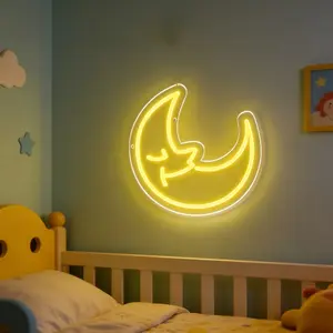 Smile moon competition rainbow light sign - dimmable yellow LED wall art, suitable for bedroom, Men's hole six or bar decoration, animation inspired crescent design, soft glow, very suitable for comfortable space, bedroom wall decoration environment