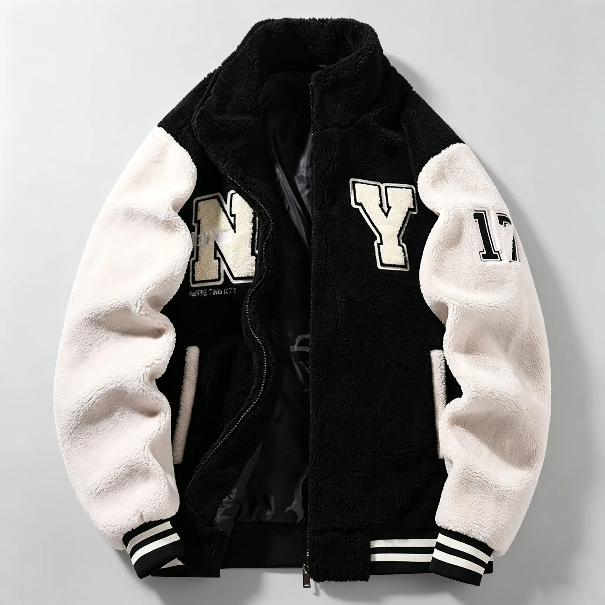 Sherpa Fleece Varsity Jacket Unisex  Color Block Zip Up Stand Collar Striped Cuff Oversized Loose Y2K Hip Hop Retro College Streetwear Warm Outerwear
