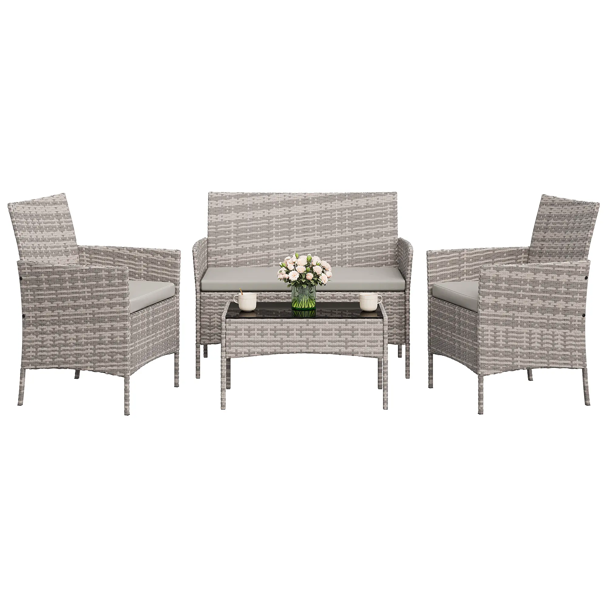 4-Piece Outdoor Wicker Furniture Set –Rattan Chairs with Removable Creamy White Cushions + Glass Coffee Table, Perfect for Patio, Garden, Porch, Balcony, Backyard