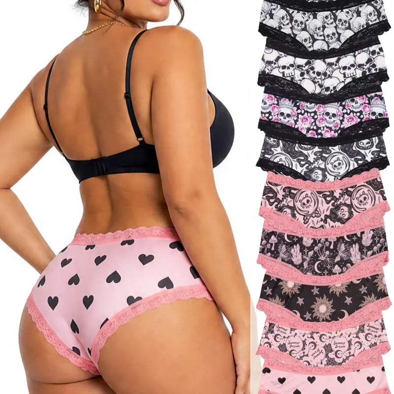Morvia 10Pcs Value-Pack Hipster Fashion Underwear, Gothic-Luxe & Heart Prints, High-Elasticity Lingerie Set, Soft-Lace Women's Panties, Fitted Panties