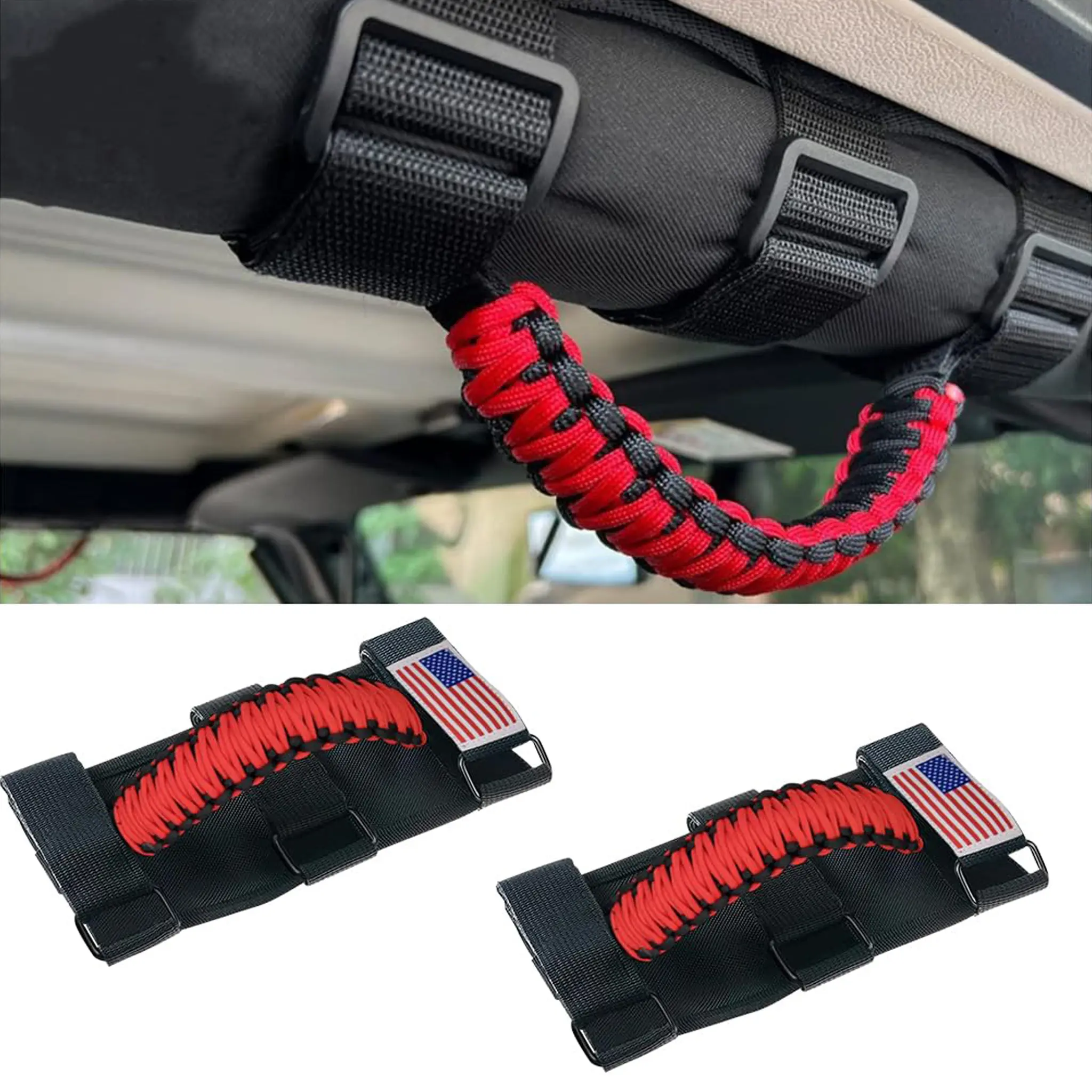 DIBMS 2-Piece Roll Bar Grab Handle Set – Oxford fabric construction featuring upgraded metal buckles and paracord grips; a sturdy, durable automotive accessory suitable for pickup trucks, Jeeps, and off-road vehicles.