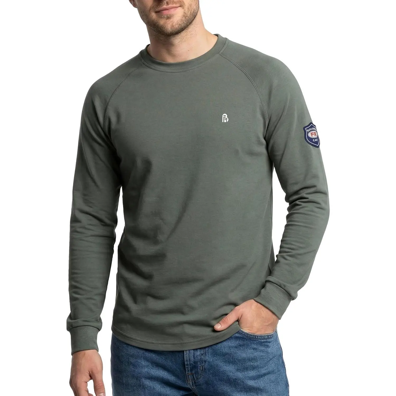 BOCOMAL Men's FR Shirts Long Sleeve Crewneck Fire Resistant 5.5oz Lightweight Cotton Work T Shirt CAT2