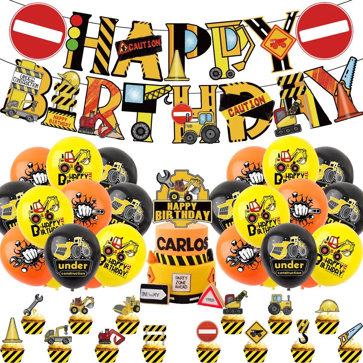 Construction Vehicle Theme Children's Birthday Party Construction Excavator Banner Pull Flag Balloon Cake Insert Decoration Set