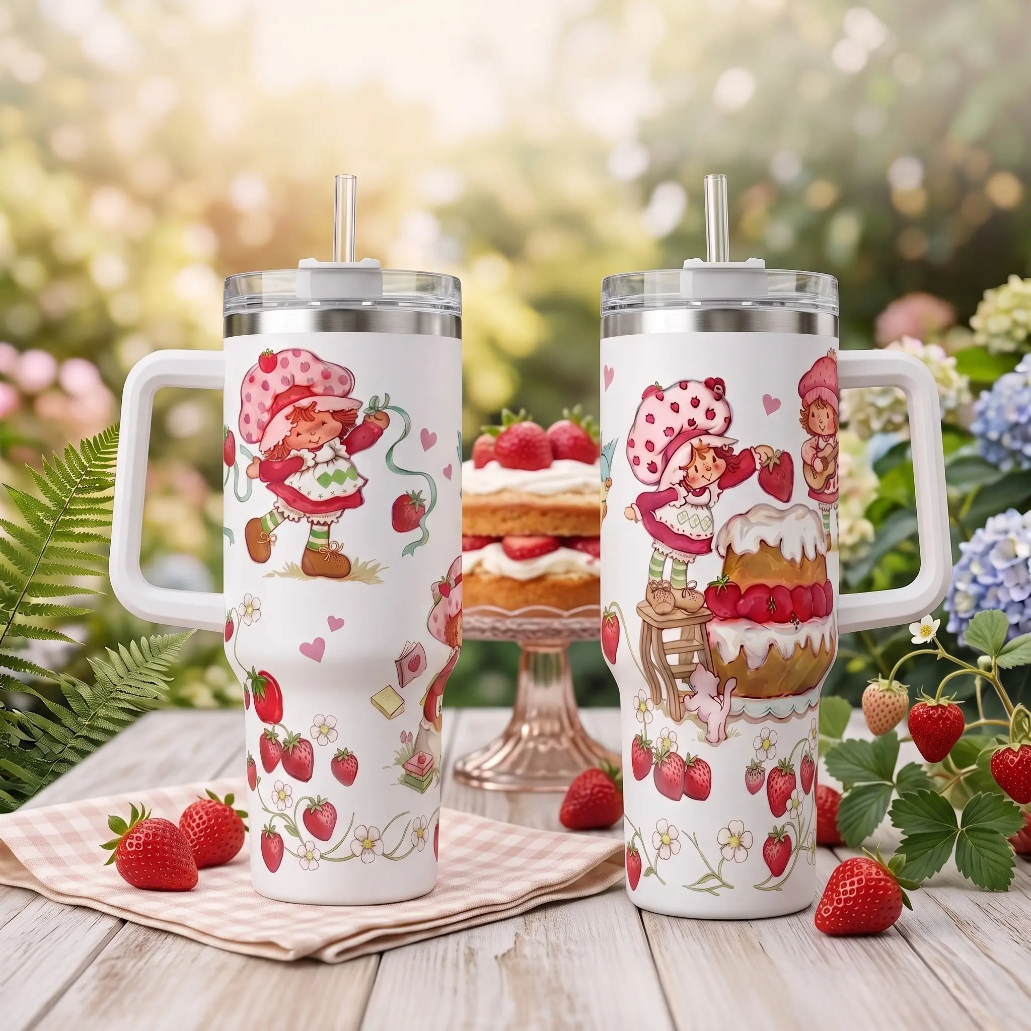 40/30/20oz 80s Cartoon Strawberry & Rainbow Insulated Tumbler with Handle and Straw, Double Wall Vacuum Insulated Travel Mug, Trendy Collector Drinkware
