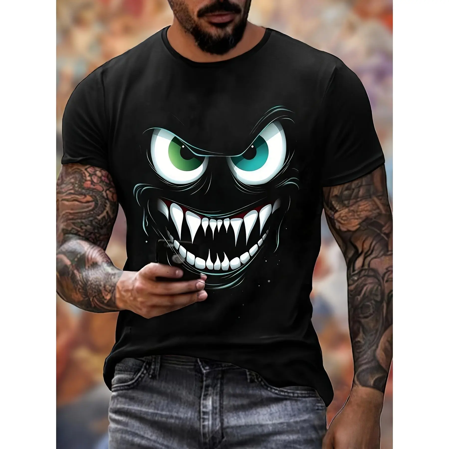 Graphic Tee Men's Monster Print T-shirt, Casual Short Sleeve Crew Neck Tee, Men's Clothing For Outdoor
