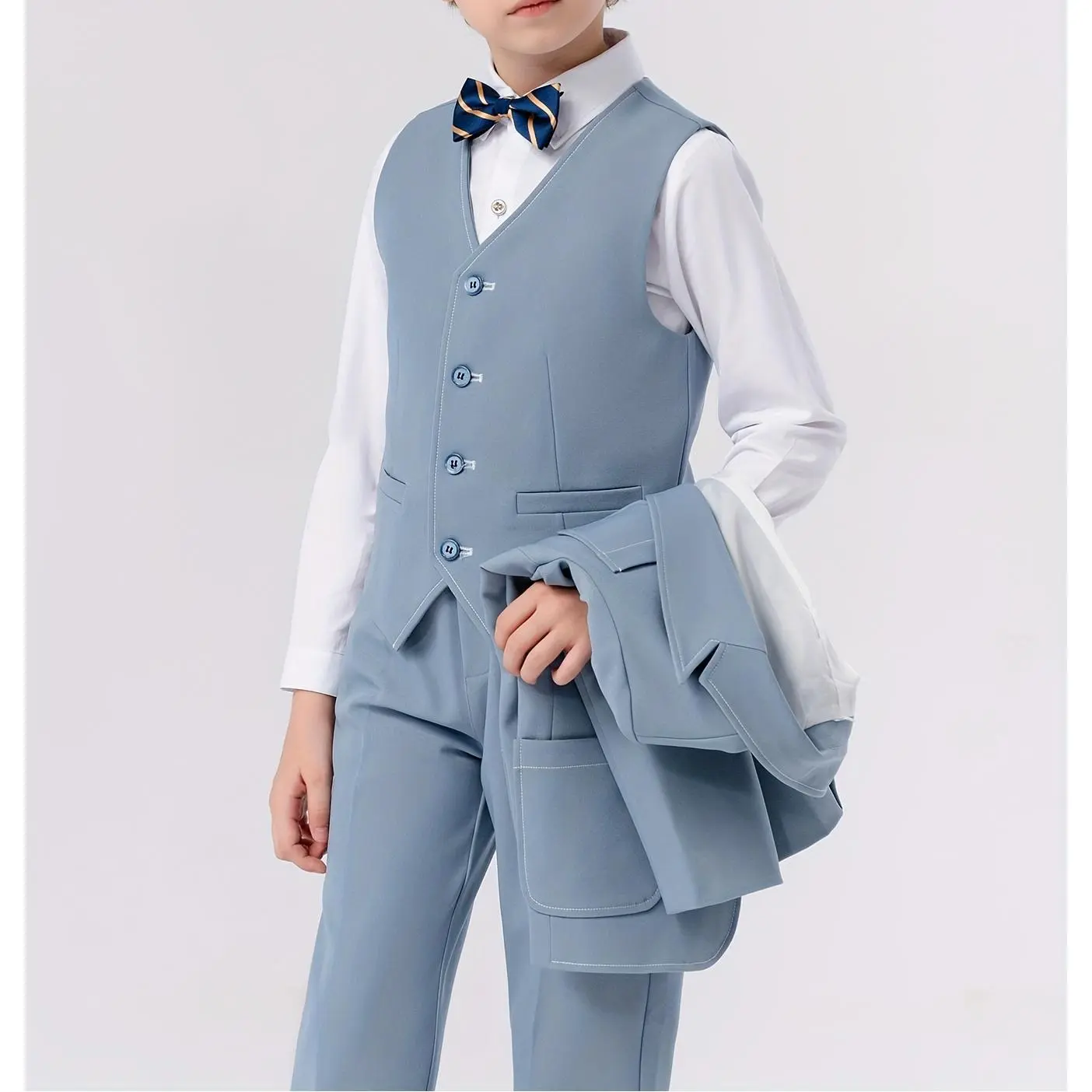 Boys Gentleman Suit 4-Piece Set Blazer + Vest + Pants + Bow Tie Combination, 3-16 Years Old Boys Formal Suit Parties and School Performances