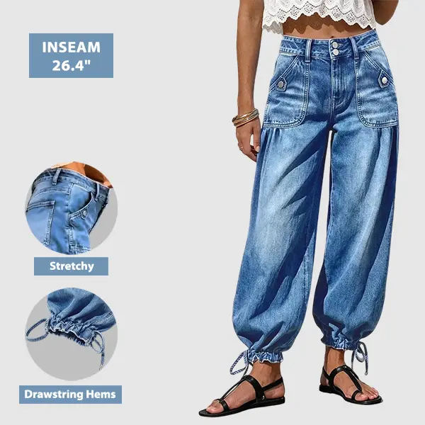 Flamingals Wash Patch Pocket Drawstring Hem Mid Rise Cropped Wide Leg Jeans Stretchy 26.4'' Inseam Flamingals Wash Patch Pocket Drawstring Hem Mid Rise Cropped Wide Leg Jeans Stretchy 26.4'' Inseam