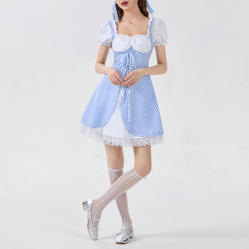 Women's Cosplay Sweetie Costume Short Puff Sleeve Lace Hem Plaid Corset Party Dress