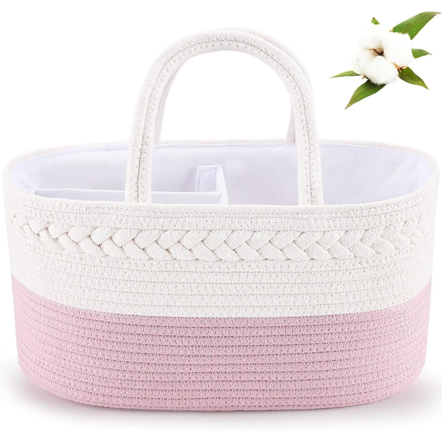 Diaper Caddy Organizer - Cotton Rope Nursery Storage Basket for Essentials, Boys & Girls Shower Gift, Changing Table Organizer, Pink