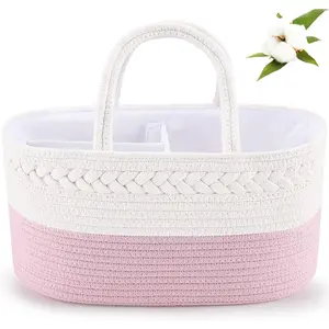 Diaper Caddy Organizer - Cotton Rope Nursery Storage Basket for Essentials, Boys & Girls Shower Gift, Changing Table Organizer, Pink