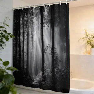 1pc Dark Forest Bathroom Curtain, Foggy Tree Shadow Pattern, Natural Wood Style Bath Privacy Curtain, Home Bathroom Decoration, Includes Hooks