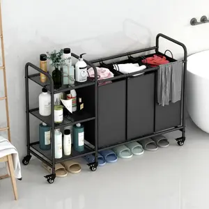 3-Bag Laundry Sorter with 3-Tier Storage Rack, Clothes Divider Basket, Detachable Bags, 6 Rolling Wheels, Large Capacity, Black