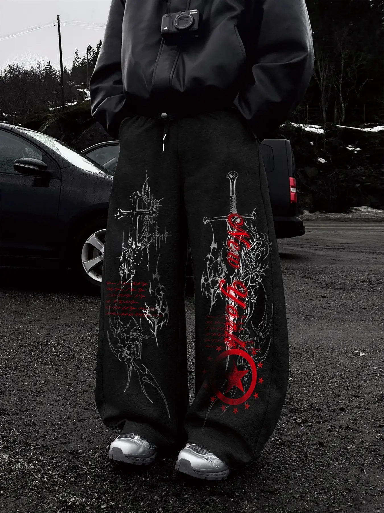 Men's Gothic Style Knit Sweatpants, Graphic Print, Elastic Waist, Straight Leg, Soft Stretchy Fabric, Casual Fashion for All Seasons, Casual Chic Trousers, Casual Streetwear Trousers, Casual Bottom