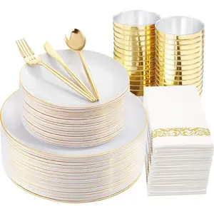 MirthMood 210 count Disposable Plastic Plates Set,  and White Plastic Party Plates, Includes:30 Dinner Plates, 30 Dessert Dinnerware, 30 Cups, 30 Napkin Cutlery for Spring Wedding,Birthday Party