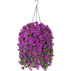 Artificial Faux Hanging Flowers Basket for Spring Summer Outdoor Porch Decor, Fake Silk Colorful Morning Glory Eucalyptus in Planter UV Resistant Look Real for Home Balcony Yard